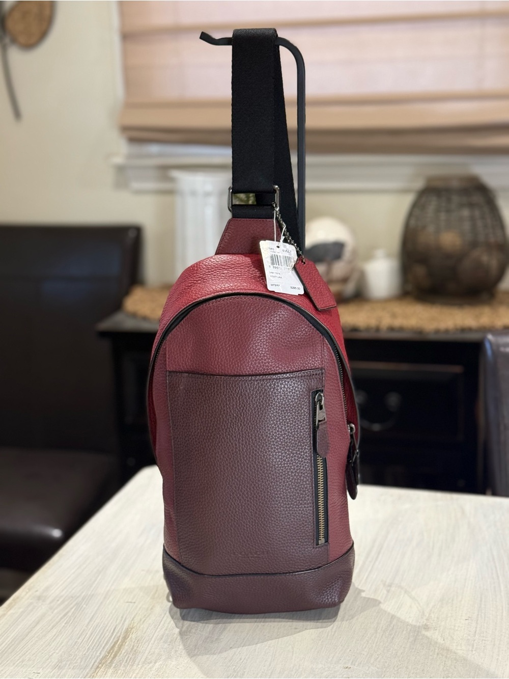 Coach Men's Manhattan Derby Tote Burgundy Leather Sling Backpack